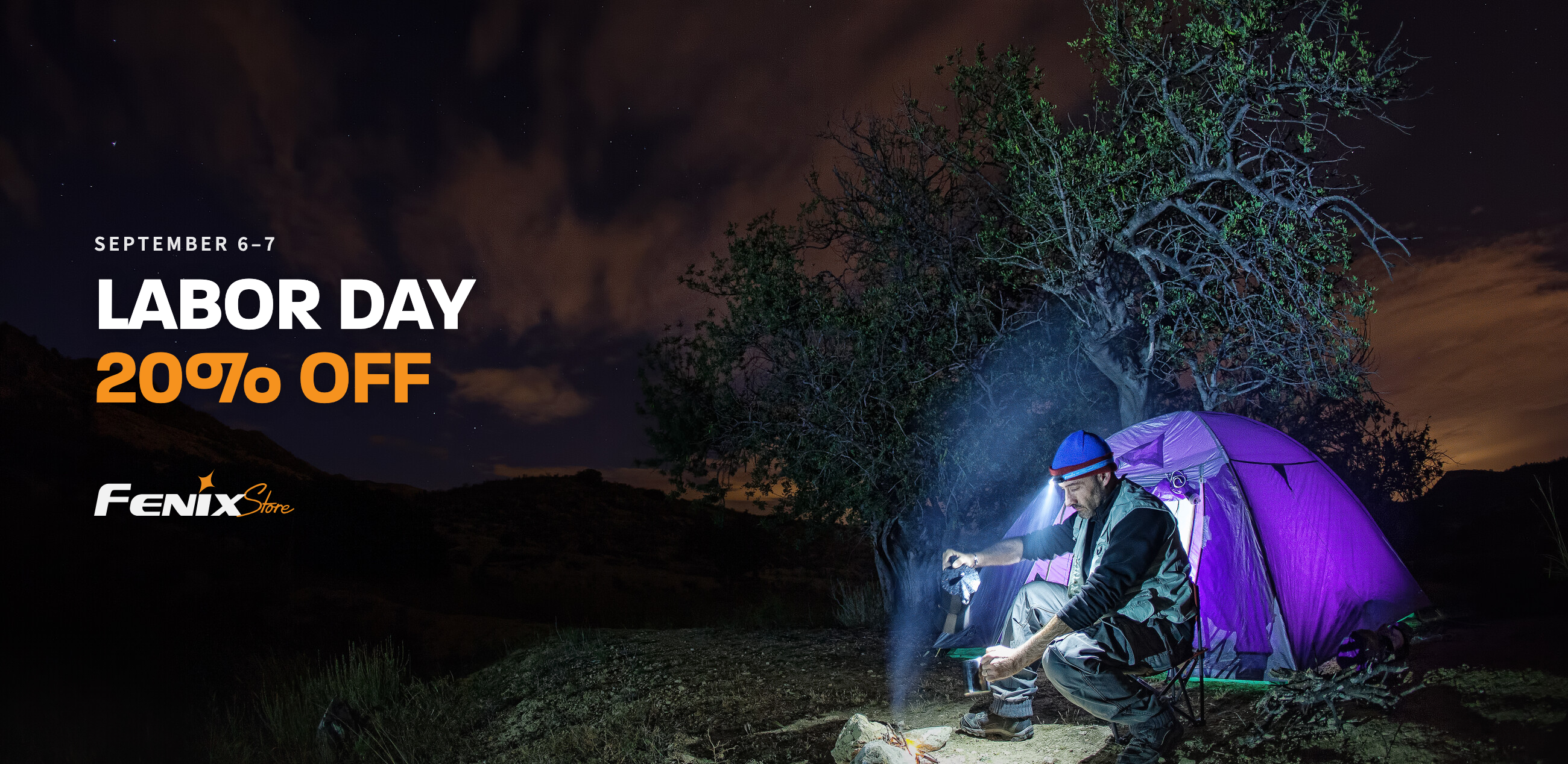 Headlamp and fire desktop Labor Day hero